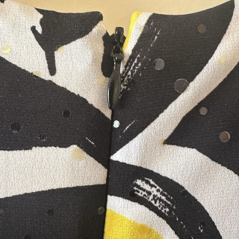Cache Black White Yellow Leaf Short Sheath Lined Dress Sequin Size 4 *READ* - Picture 6 of 12